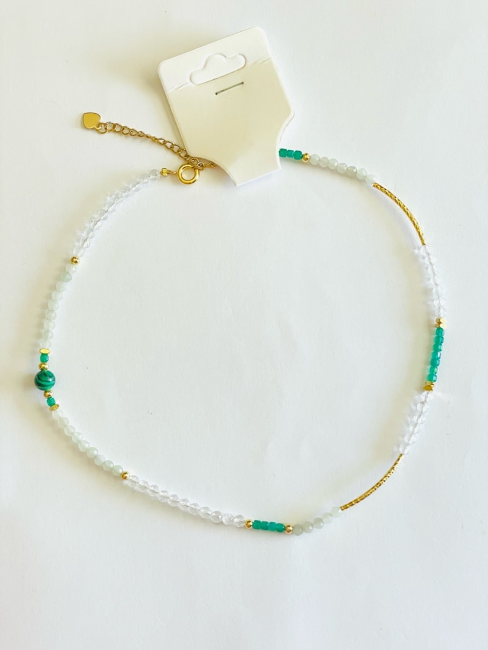 Gold-Accent White and Teal Beaded Choker Necklace